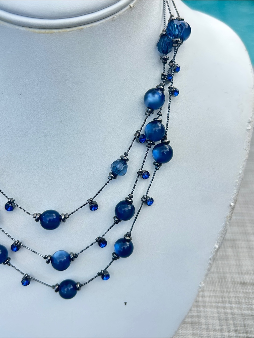 Sapphire Blue Beaded Multi Strand Layered Statement Necklace